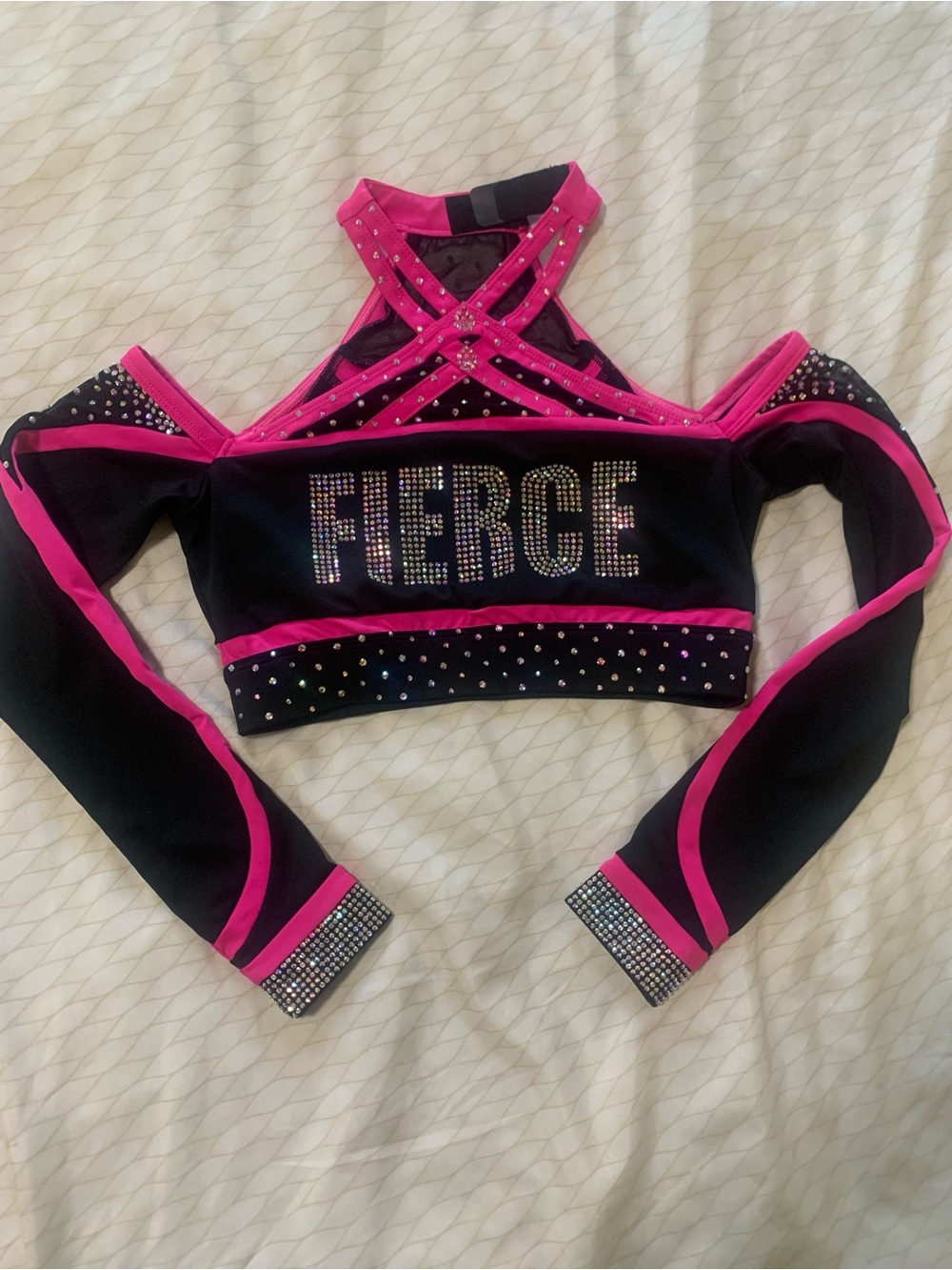 Fierce Black & Hot Pink Rhinestone Cheer Crop Top - Picture 3 of 10